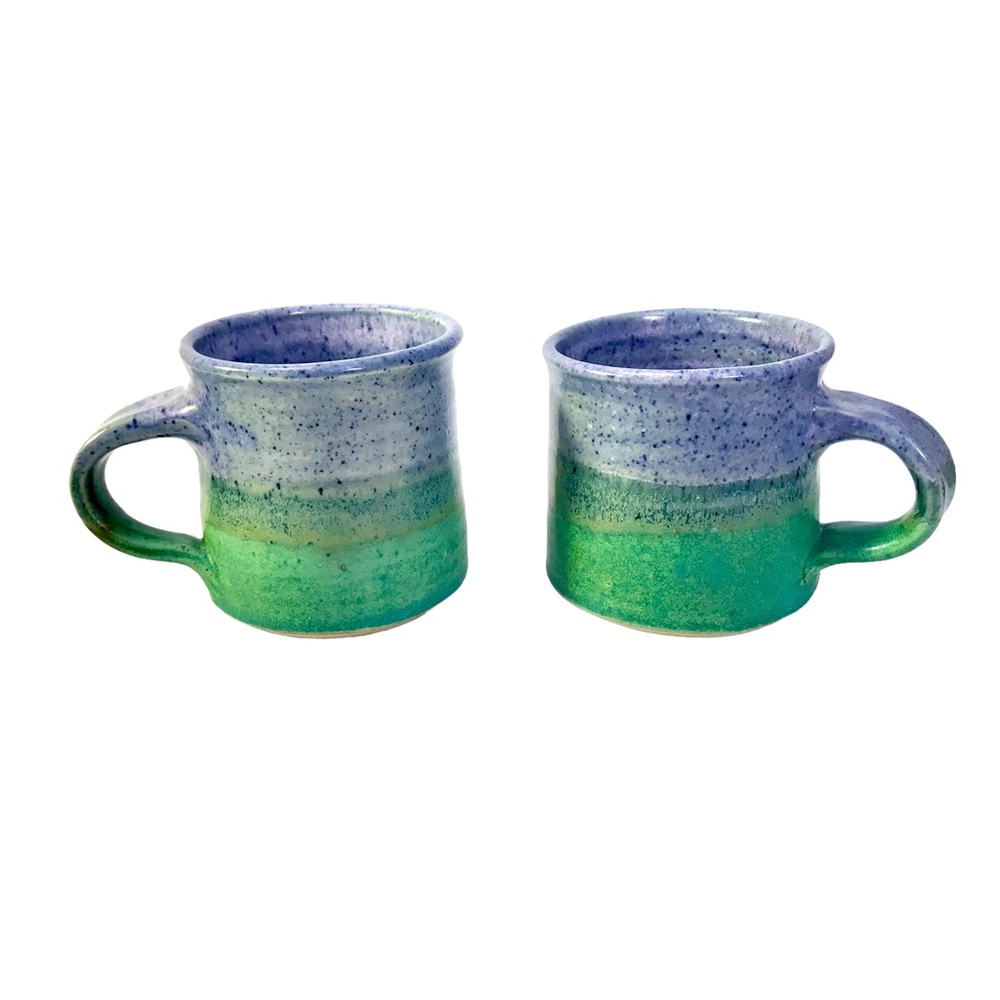 2 Purple Green Speckle Ombré Art Pottery Coffee Cups Mugs Signed Martha 1988 - Picture 2 of 14
